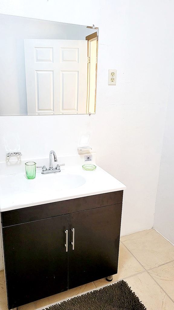 Bathroom with a sink and vanity, a mirror, and a dark brown cabinet