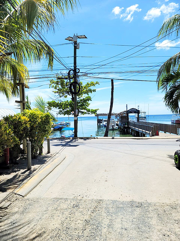 Street view leading to a pier, with boats, palm trees, and power lines under a blue sky