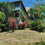 House Exterior on a Hill – A modern house with a raised deck and tropical landscaping, viewed from below on a sunny day.