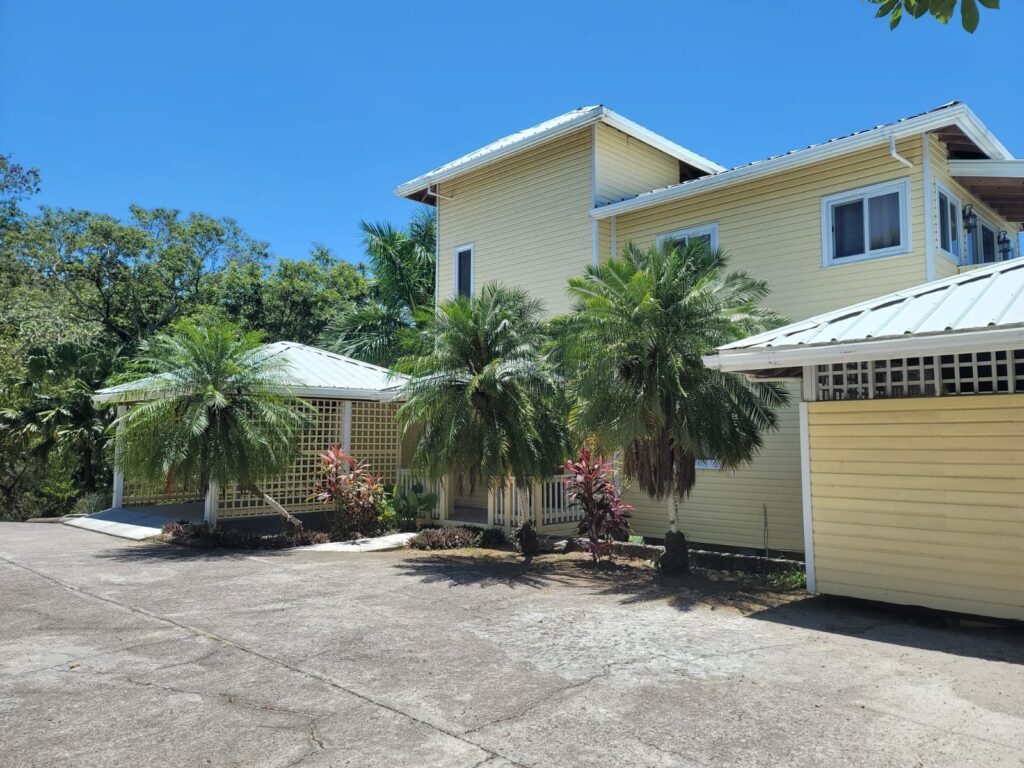 Large colonial-style home with a light yellow exterior, lush greenery, and a spacious driveway