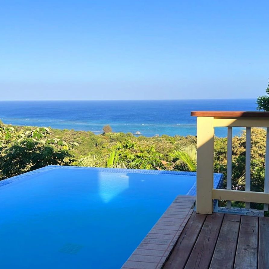 Infinity Pool with Ocean View: A serene infinity pool on a wooden deck overlooking the ocean and lush greenery
