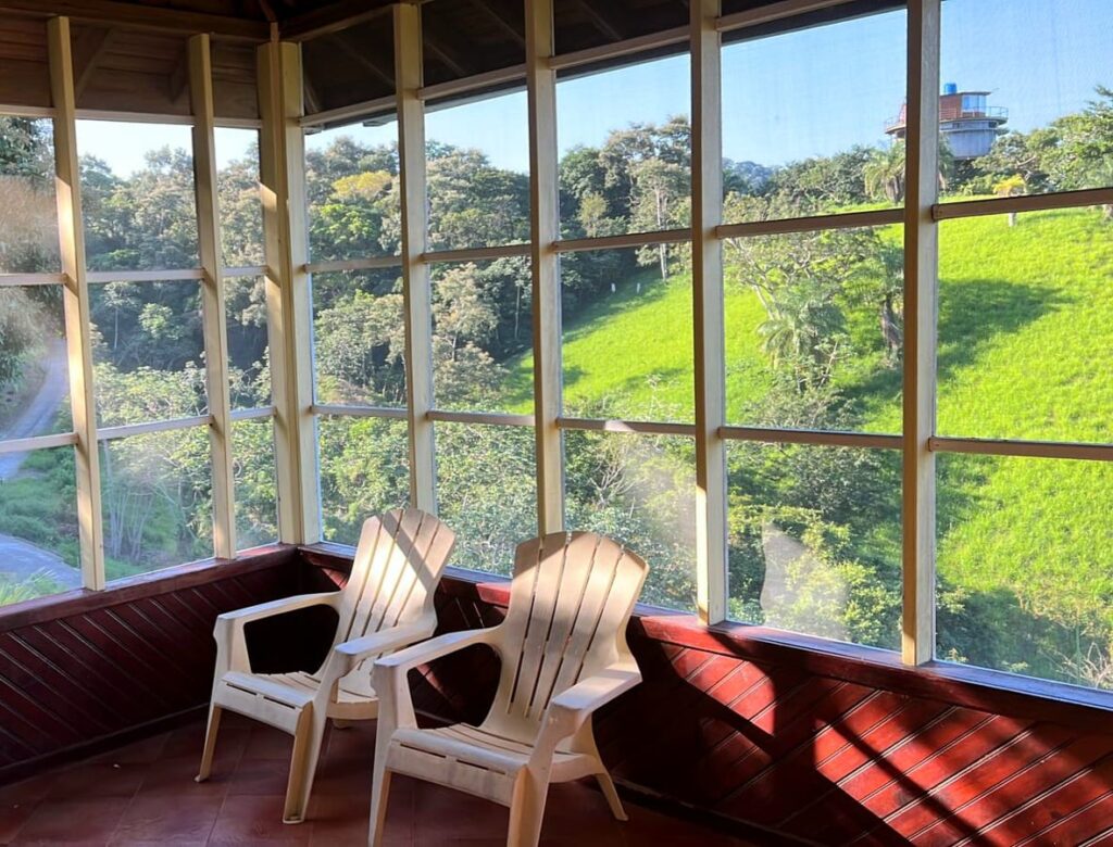 Screened Porch with Chairs: A cozy screened-in porch with two white chairs overlooking lush green hills and trees